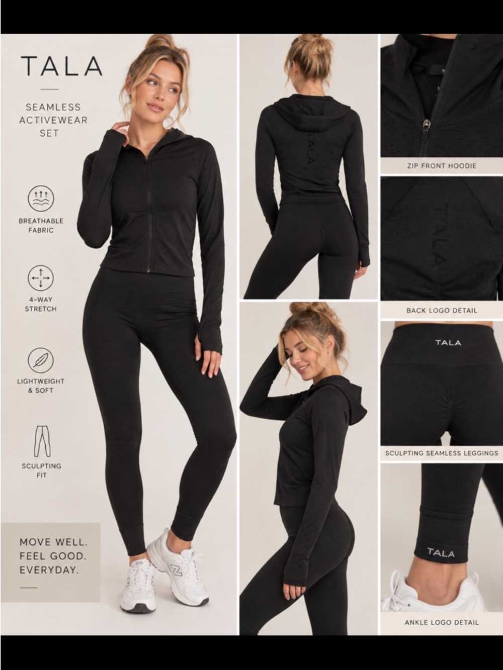 TALA Black Seamless Activewear Set Zip Jacket Leggings Size XS